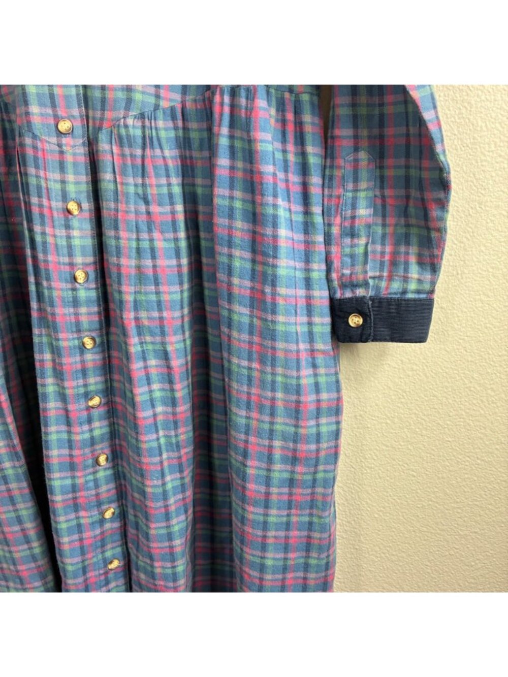 VTG 90s Eddie Bauer Flannel Dress L Blue Plaid Maxi Prairie Corduroy Grunge - Picture 7 of 10